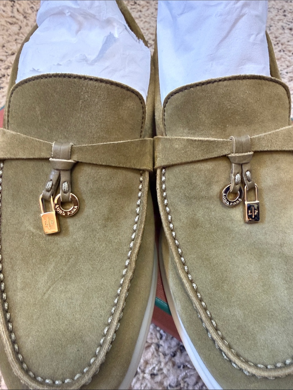 Loro Piana Olive Suede Slip-On Loafers with Decorative Hardware - Picture 7 of 10
